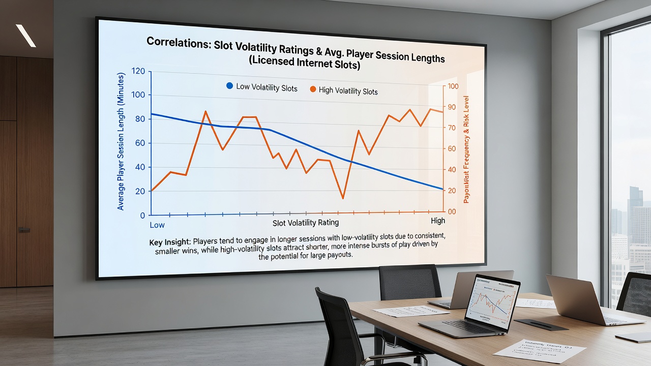 Statistical charts displaying session length distributions across low, medium, and high volatility slot categories on licensed sites