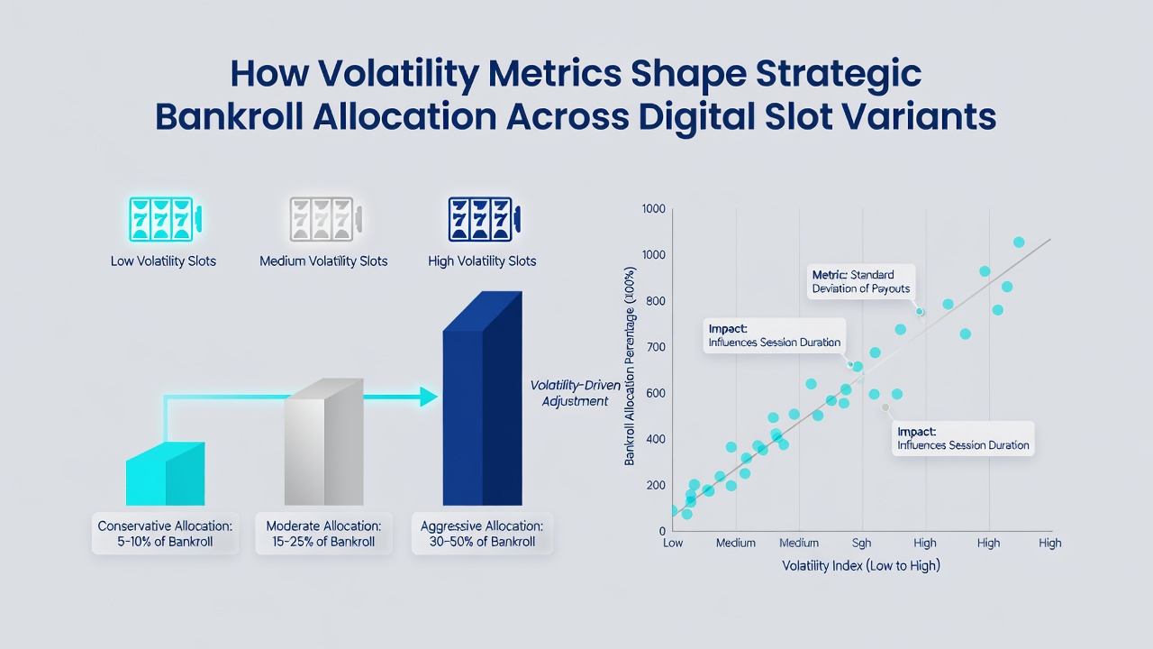 Infographic illustrating bankroll distribution strategies for low, medium, and high volatility digital slots